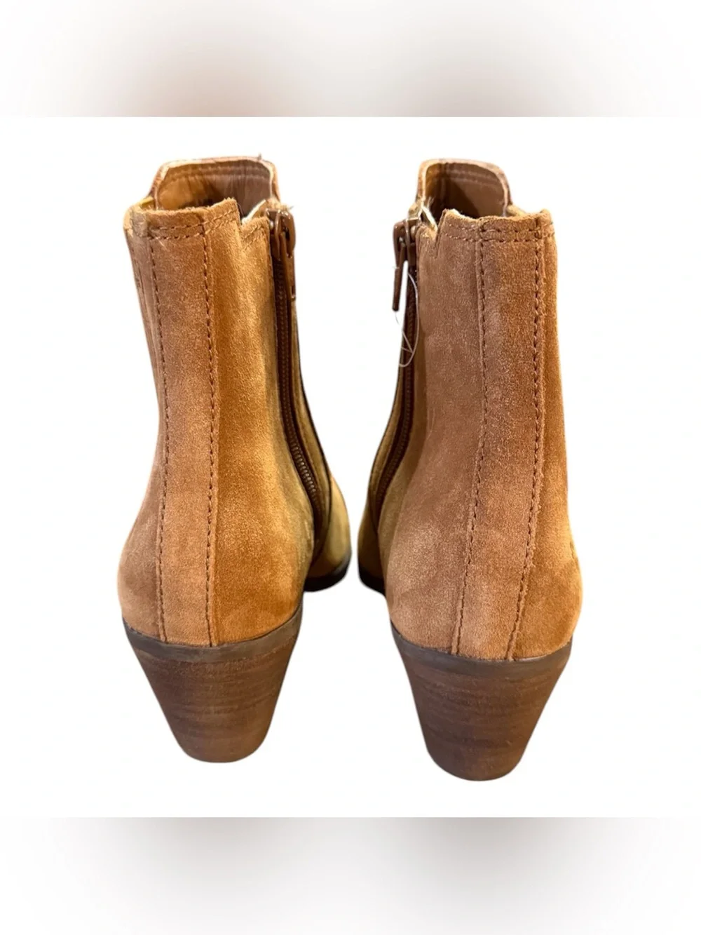 Frye Sandra Suede Chelsea Ankle Boots Cognac Brown Stacked Block Heel Size 6.5